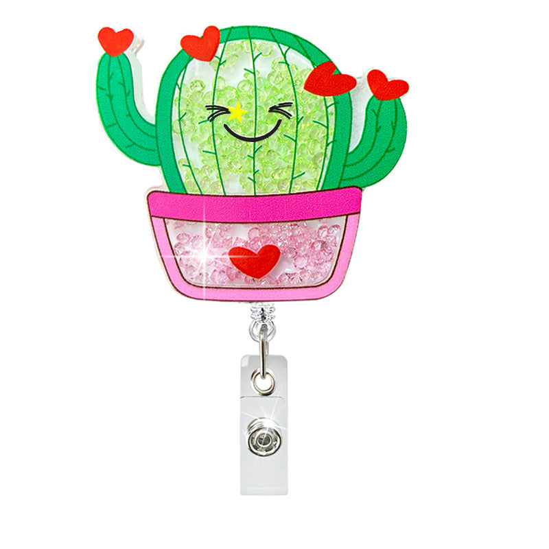 Wholesale Cartoon Cactus Quicksand Acrylic Retractable Badge Scroll Keychain